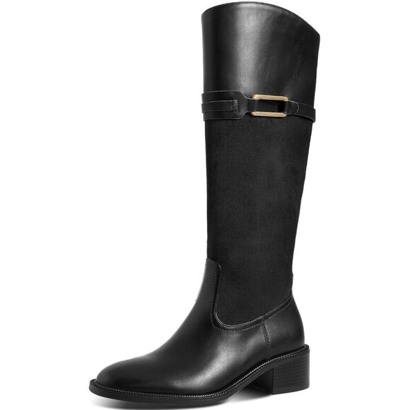 Women's Black Round Toe Chunky Block Heel Zipper Buckle Riding Knee High Boots